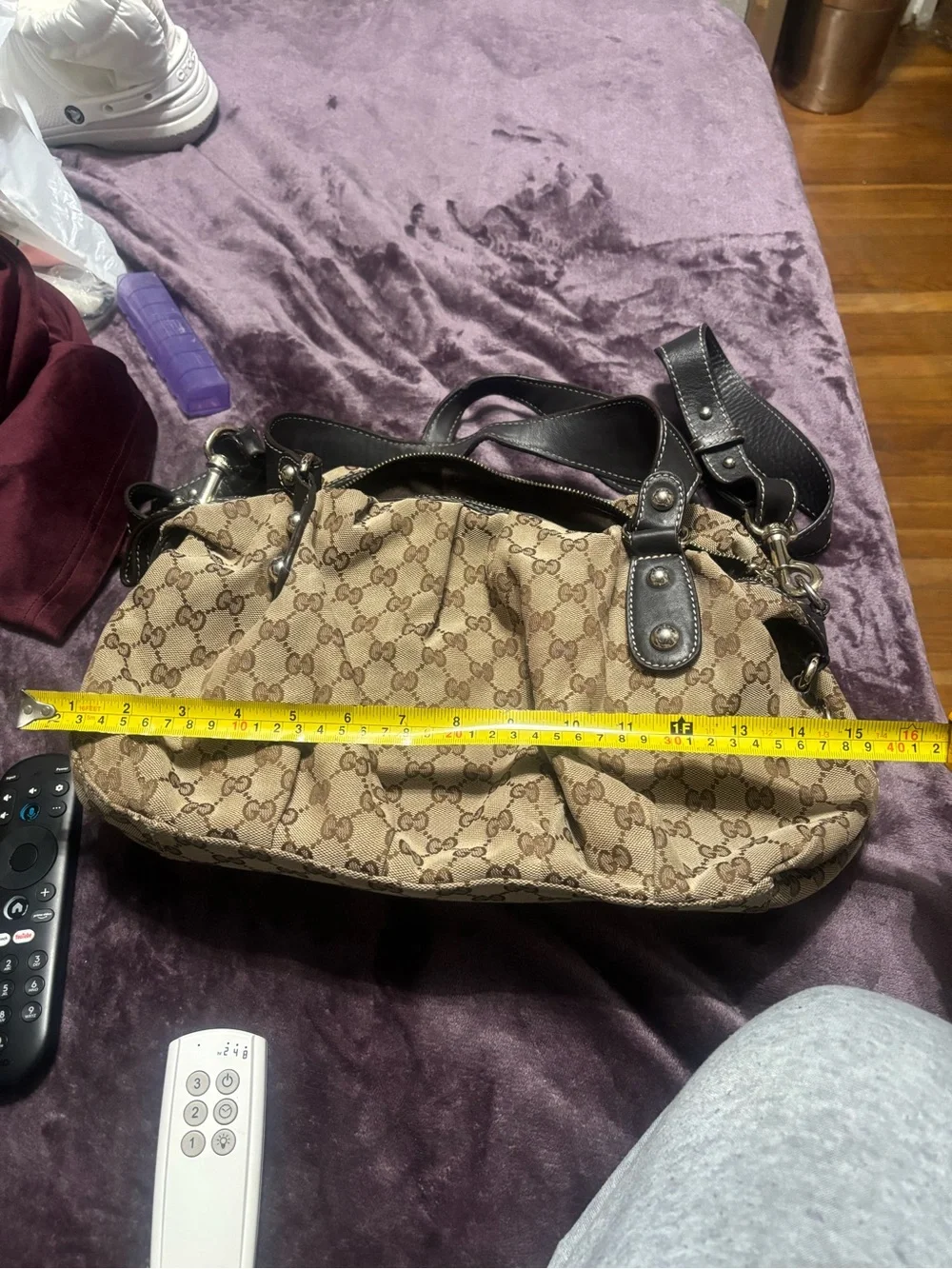 Gucci Beige/Brown Sukey GG Monogram Shoulder Bag with long detachable strap.